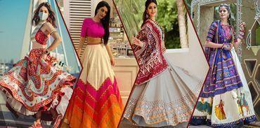 Women wearing colorful Navratri chaniya choli designs with traditional embroidery patterns.