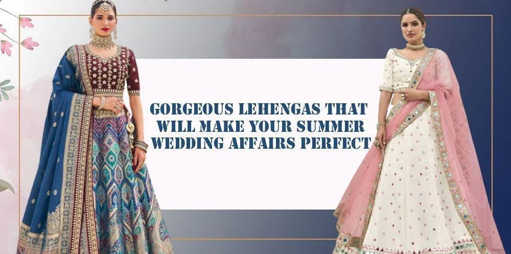 Two women in designer lehengas, one in blue and maroon, one in white and pink, Ethnic Plus.