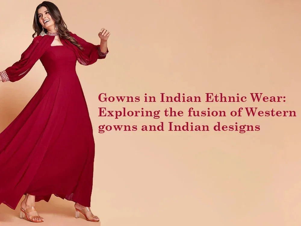 Woman in a flowing maroon ethnic gown, blending Indian and Western fashion, Ethnic Plus.
