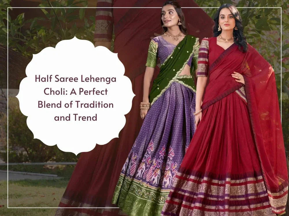 Women in colorful half saree lehenga choli outfits, Indian ethnic wear at Ethnic Plus