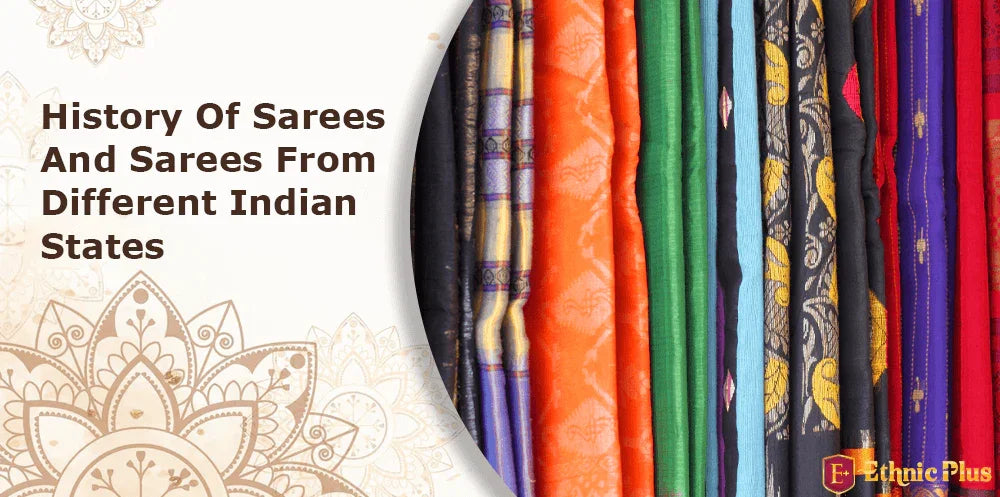 Colorful sarees from different Indian states displayed, Ethnic Plus ethnic wear banner