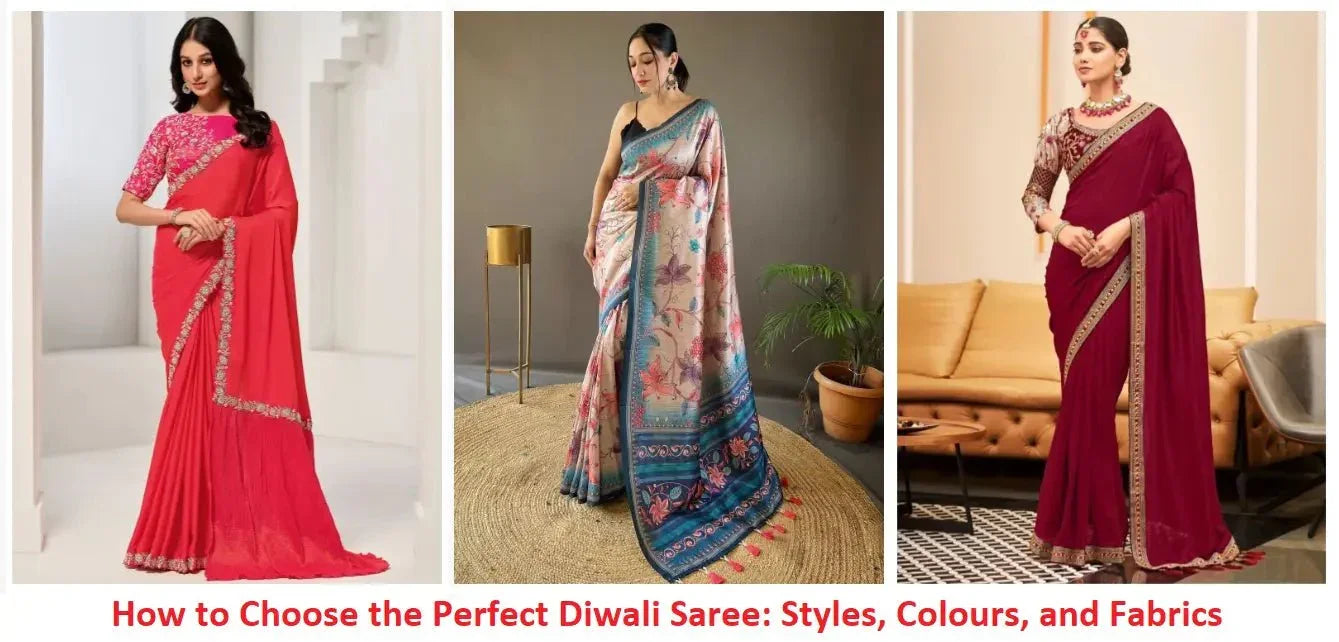 Three women modeling stylish Diwali sarees in vibrant colors and elegant fabrics indoors.