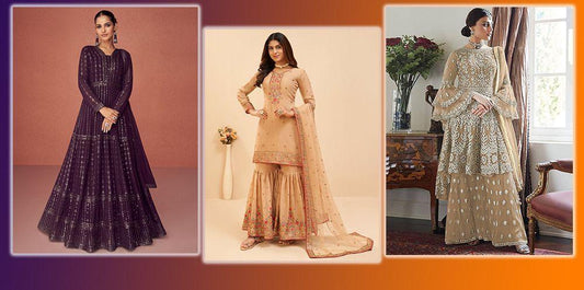 Elegant women in trendy designer salwar kameez suits from Ethnic Plus, modern Indian ethnic wear.