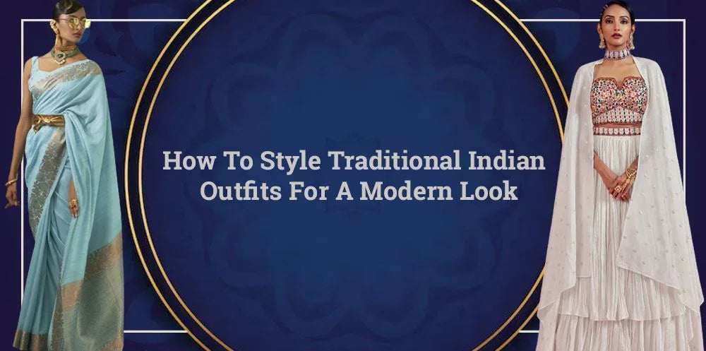 Women wearing modern styled Indian saree and ethnic gown, with text about styling tips
