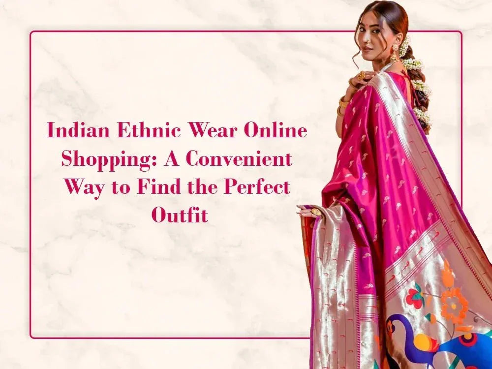 Woman in traditional Indian pink silk saree with floral designs, ethnic wear shopping banner.