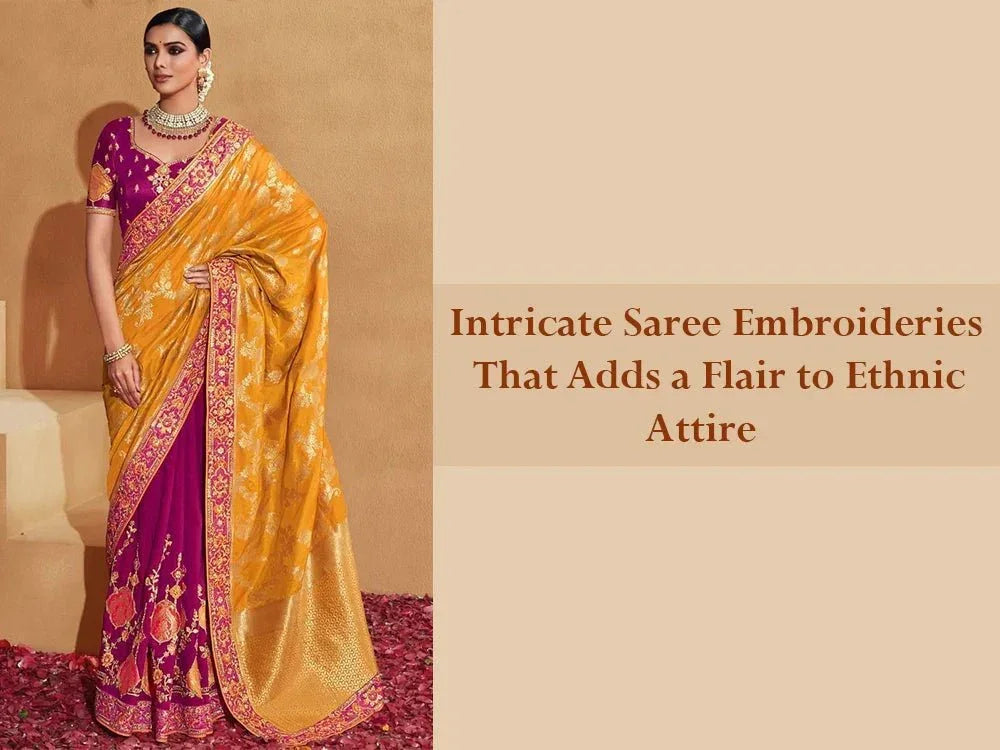 Woman in purple and gold embroidered saree, showcasing intricate ethnic Indian attire from Ethnic Plus.