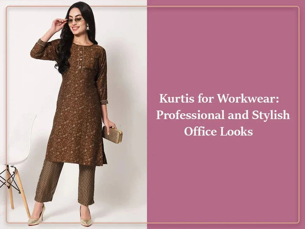 Woman in brown printed kurti and pants posing for ethnic office wear, Ethnic Plus fashion