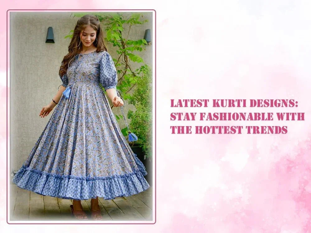 Woman wearing blue floral printed kurti with ruffle hem, trendy Indian ethnic wear