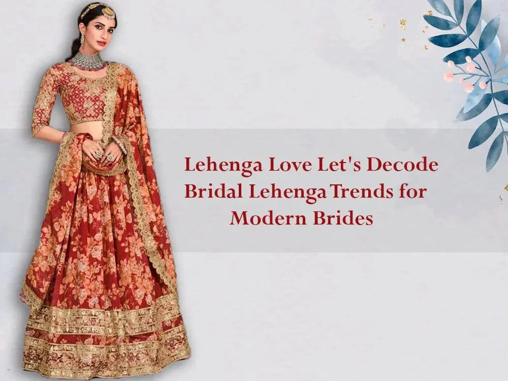 Modern bride in red floral bridal lehenga choli with gold embroidery, Ethnic Plus style