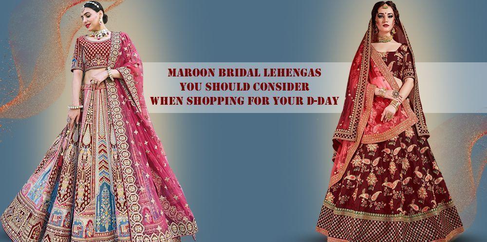 Two women modeling maroon bridal lehengas with ornate embroidery, featured for Ethnic Plus Indian wedding wear.