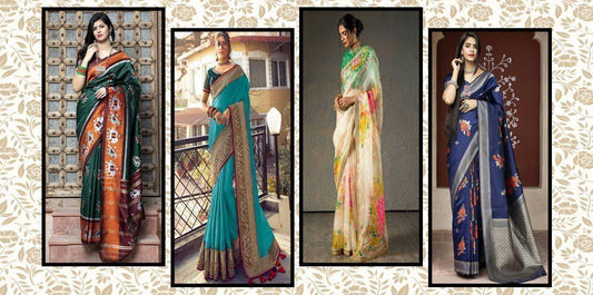 Four women in designer sarees showcasing Indian ethnic wear collection for brides at Ethnic Plus