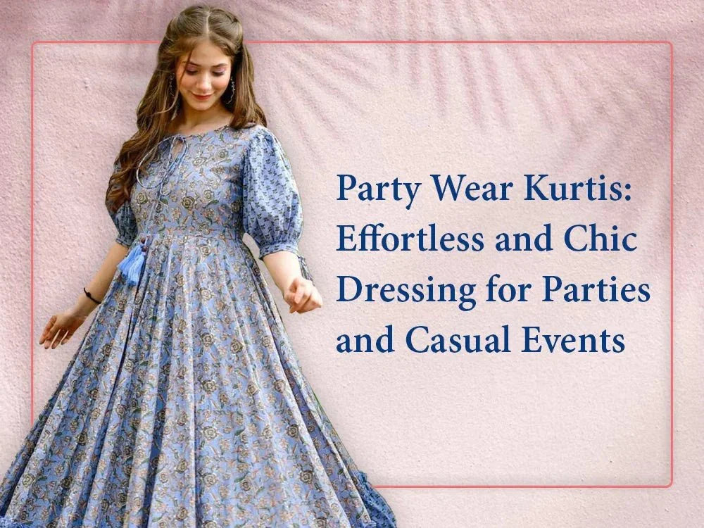 Woman in a blue floral party wear kurti with puff sleeves, ideal for casual and festive occasions