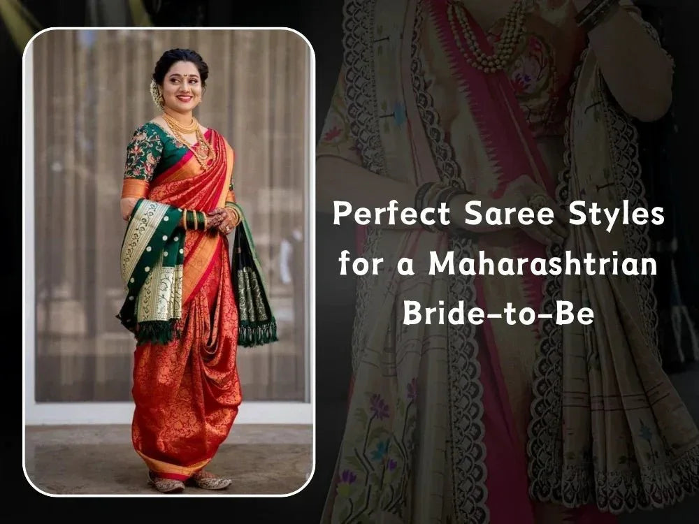 Maharashtrian bride in traditional red silk saree with green dupatta, gold jewelry, Ethnic Plus