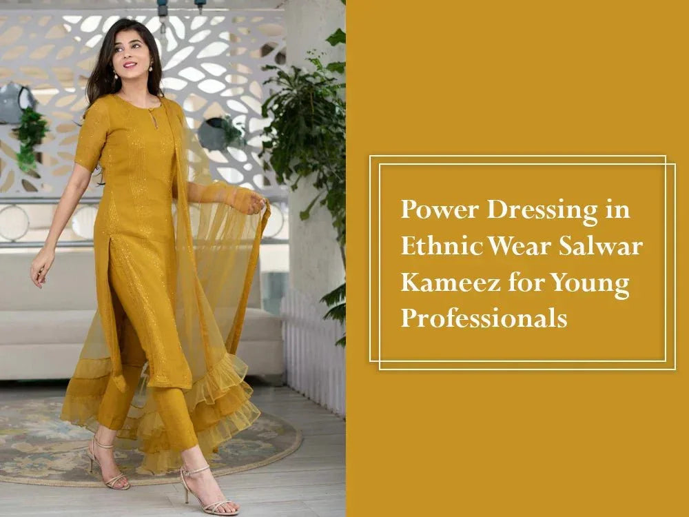 Young woman in mustard yellow salwar kameez, Ethnic Plus, stylish Indian ethnic wear for professionals