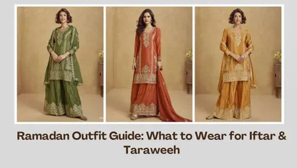 Women wearing green, orange, and yellow embroidered ethnic salwar kameez for Ramadan.