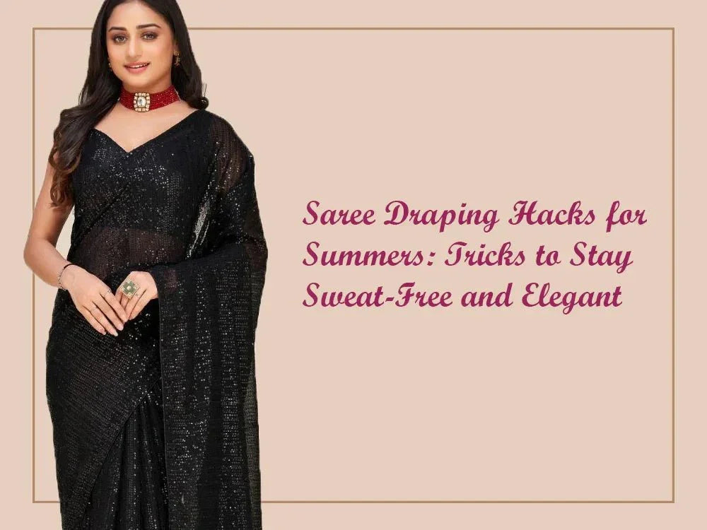 Woman in stylish black saree with summer draping tips, Ethnic Plus ethnic wear fashion