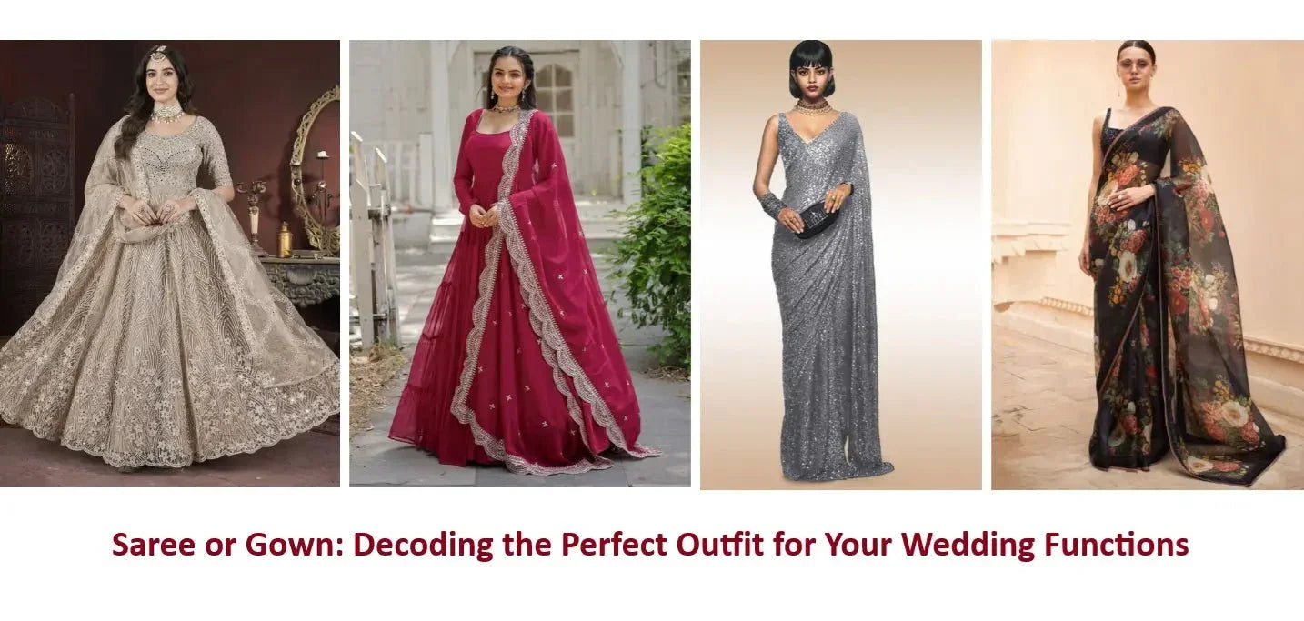Women in designer ethnic gowns and sarees for wedding functions, featuring embroidery and floral prints