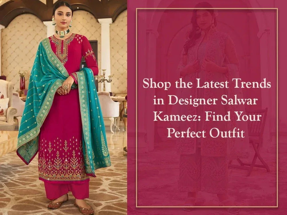 Woman in pink designer salwar kameez with blue dupatta, Indian ethnic wear from Ethnic Plus.