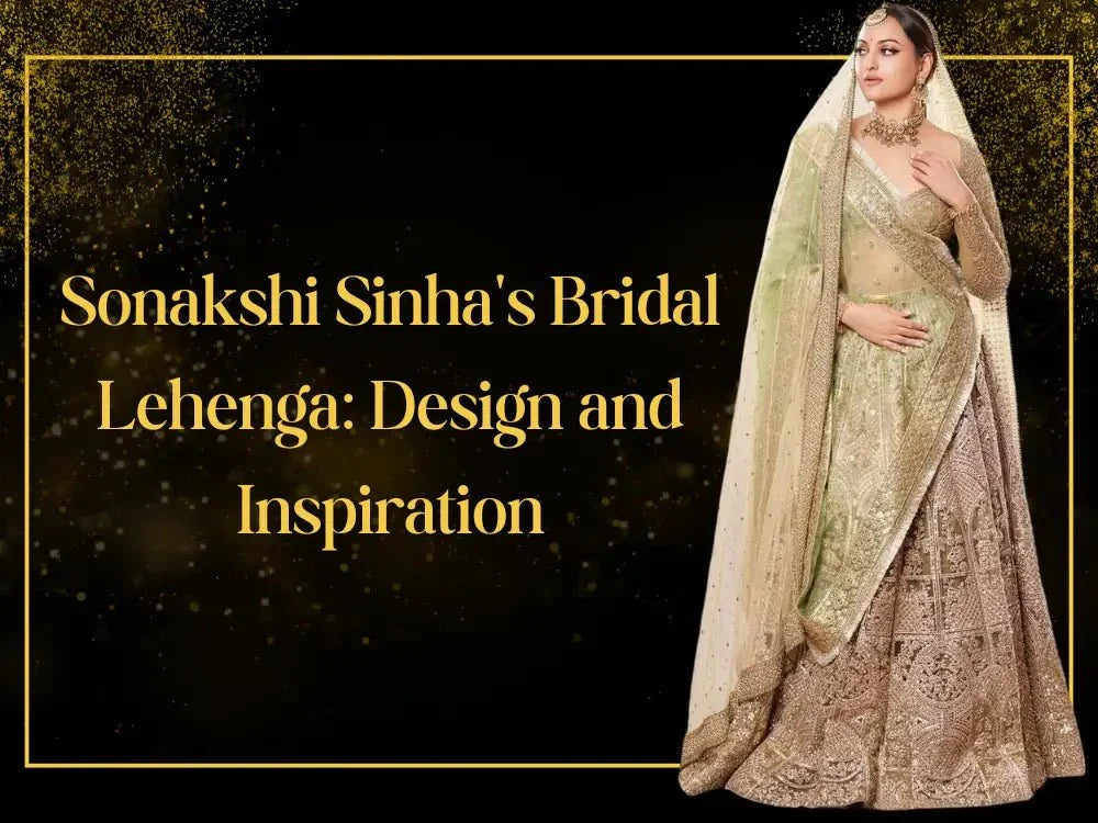 Woman in ornate gold and green bridal lehenga with dupatta, traditional Indian jewelry, elegant look