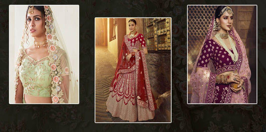 Stylish bridal lehengas in pastel green, red, and purple, featuring intricate embroidery, from Ethnic Plus.