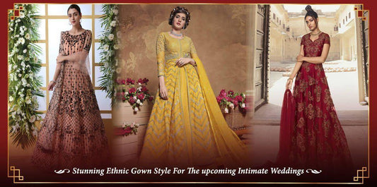 Elegant Indian ethnic gowns in peach, yellow, and red for weddings at Ethnic Plus