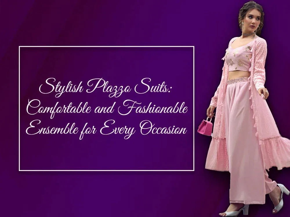 Woman in a light pink palazzo suit with long shrug, styled for ethnic fashion on a purple background.