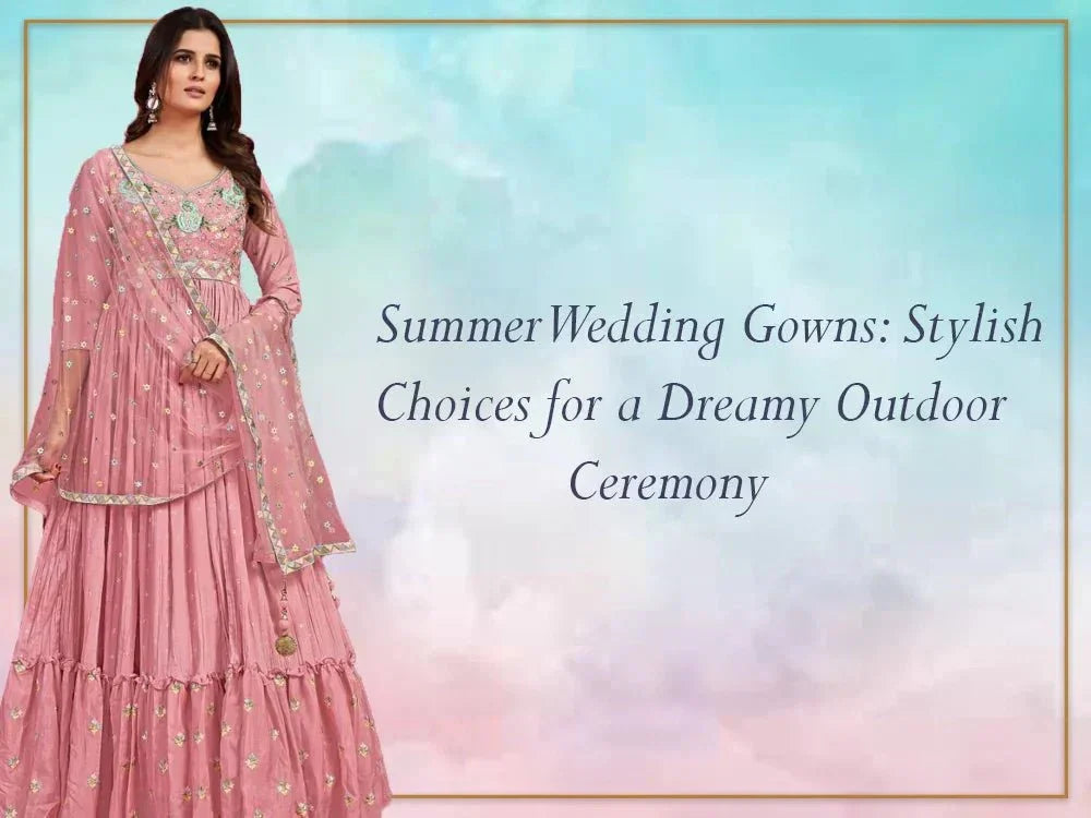 Woman in a pink Indian ethnic gown for summer wedding, with pastel background and event text