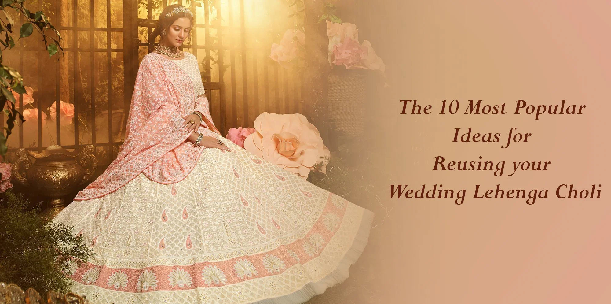 Woman in pink and white wedding lehenga choli with floral embroidery, Ethnic Plus fashion