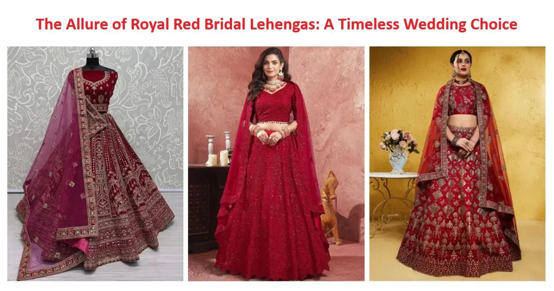 Elegant royal red bridal lehengas with gold embroidery, showcased for Indian weddings on Ethnic Plus