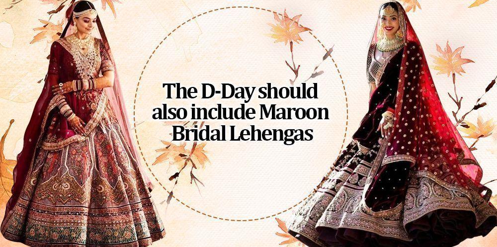 Two women in maroon bridal lehengas with traditional Indian jewelry, Ethnic Plus fashion