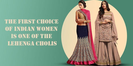 Two women wearing designer Indian lehenga choli outfits from Ethnic Plus