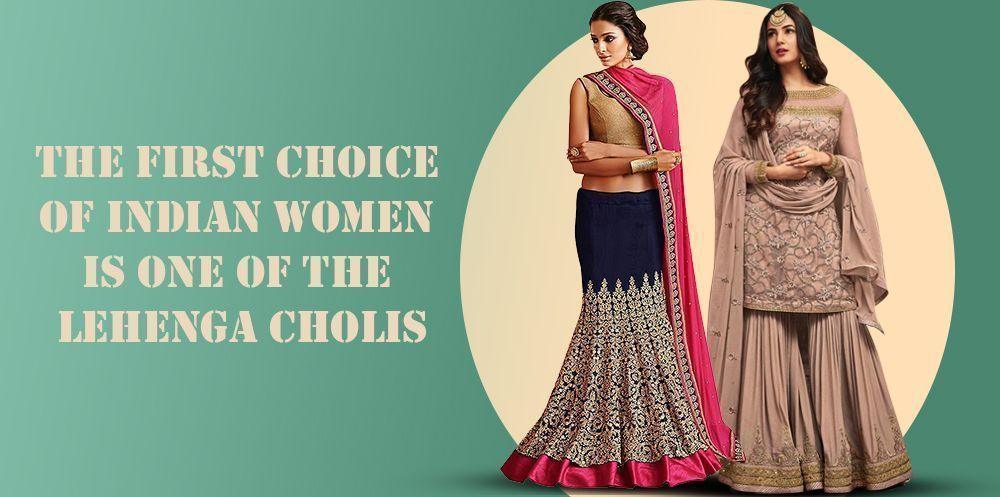 Two women in elegant Indian lehenga choli outfits with embroidered designs