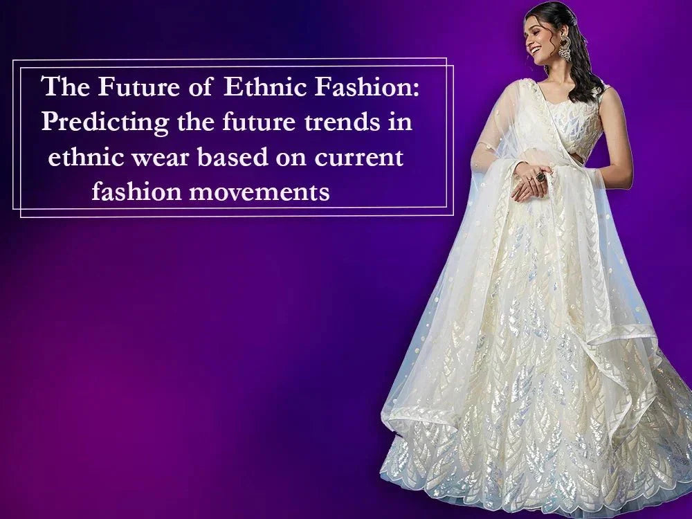Woman in designer white lehenga choli on purple background, Ethnic Plus ethnic wear fashion trends
