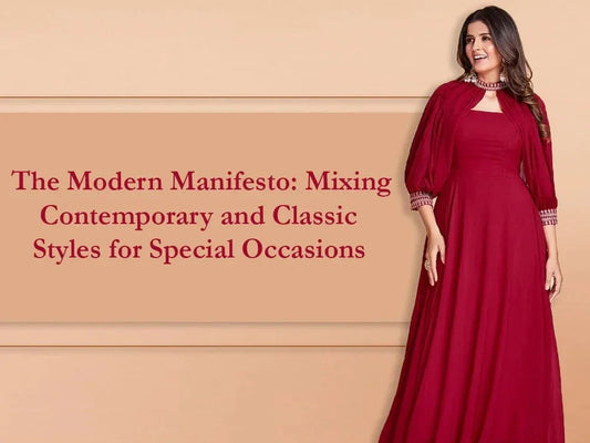 Woman in elegant maroon ethnic gown beside text mixing contemporary and classic styles