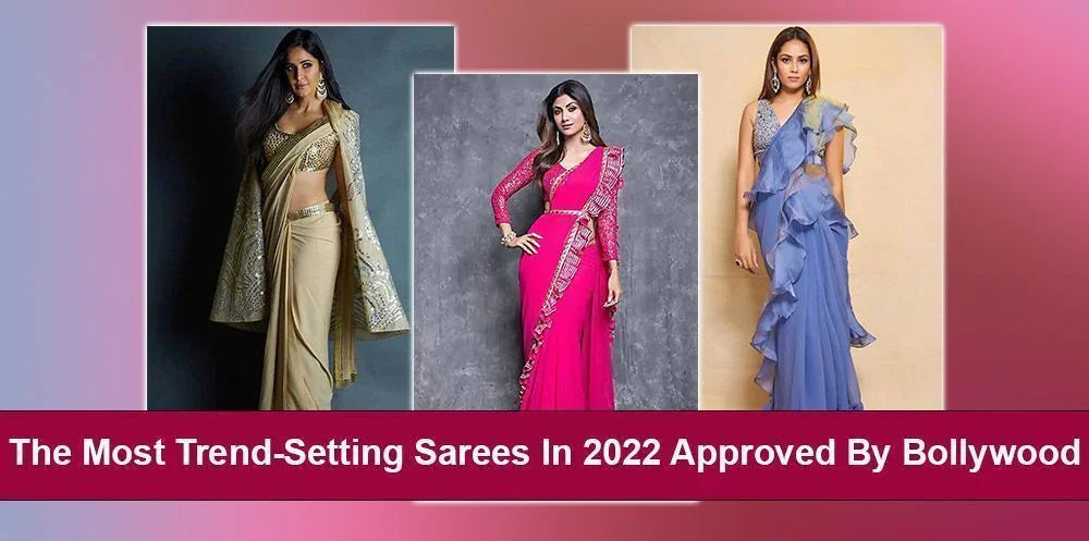 Three women modeling modern designer sarees in gold, pink, and blue on a fashion background
