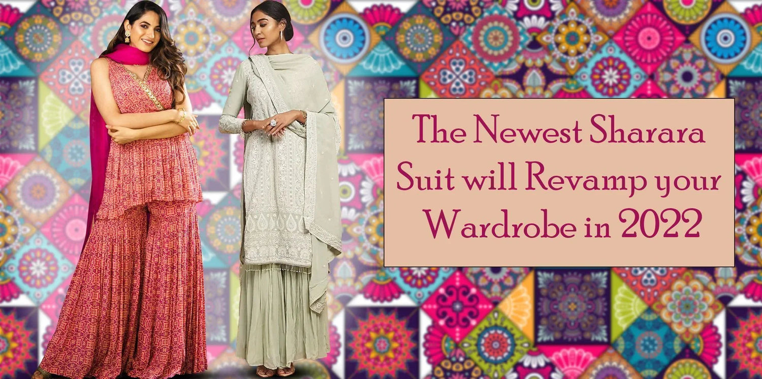 Two women modeling colorful sharara suits with dupattas, ethnic patterns in background