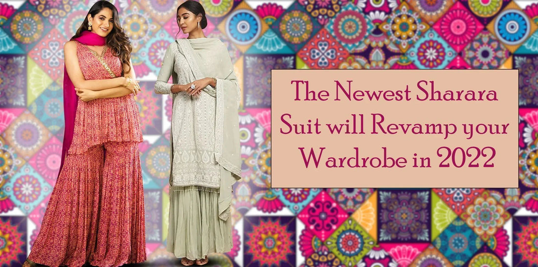 Two women modeling colorful sharara suits with dupattas, ethnic patterns in background