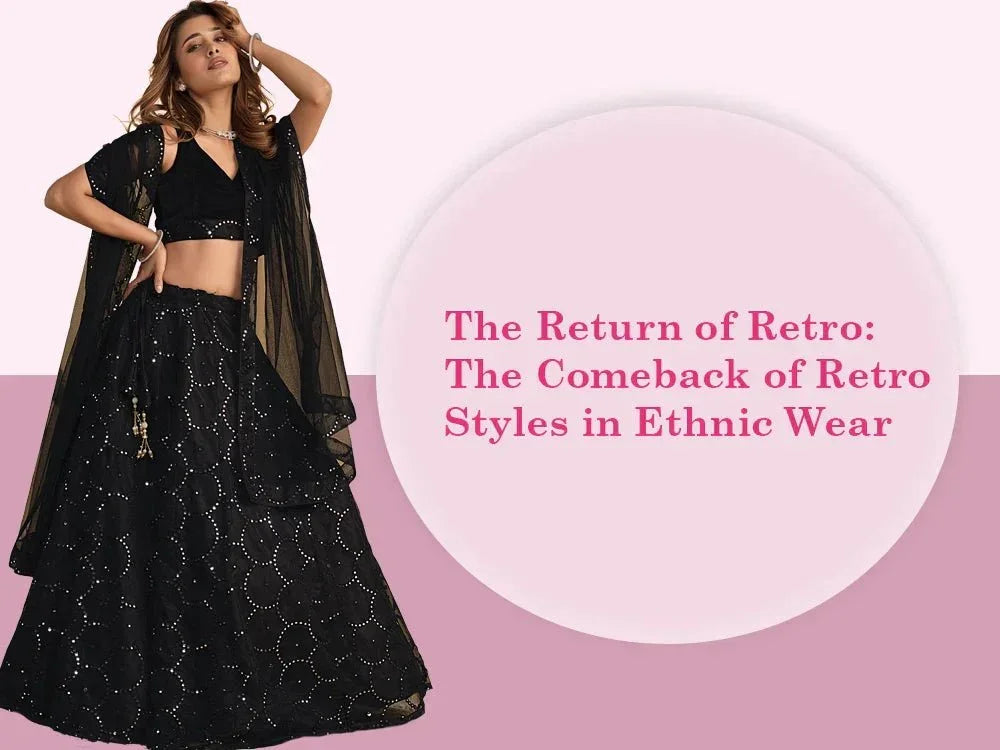 Woman in black retro-style ethnic lehenga choli with sheer dupatta against pink backdrop