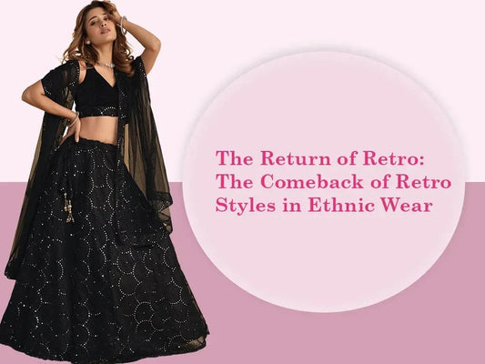 Woman in black retro-style ethnic lehenga choli with sheer dupatta against pink backdrop