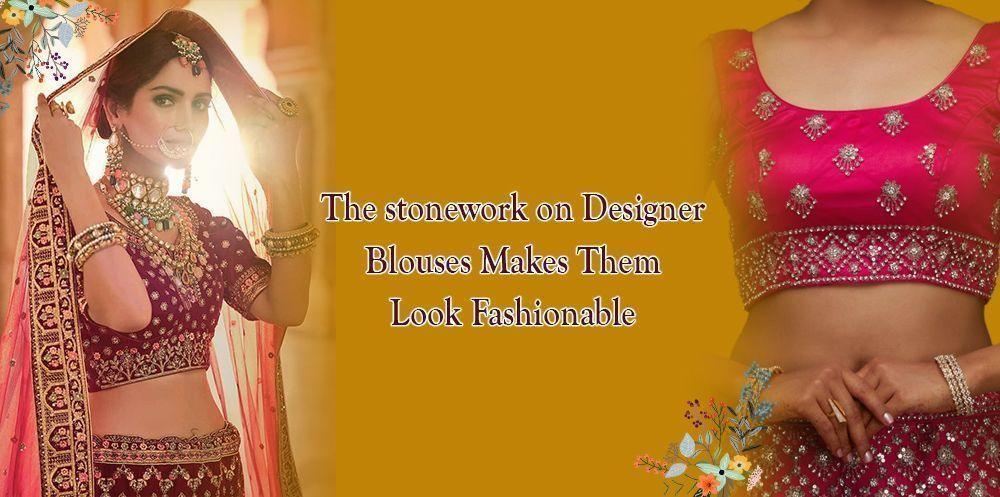 Woman wearing a maroon and pink designer blouse with intricate stonework, ethnic wear fashion