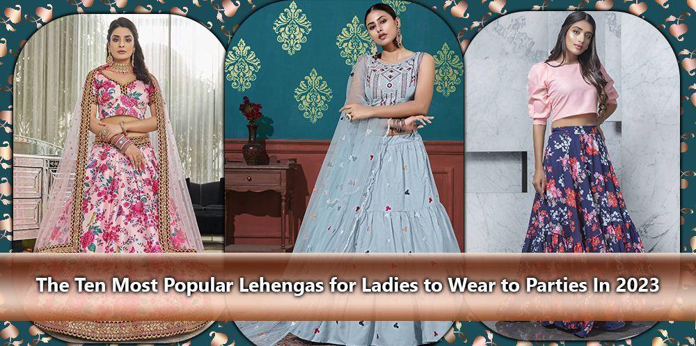 Three women in colorful designer lehengas, party wear fashion, Ethnic Plus 2023 collection