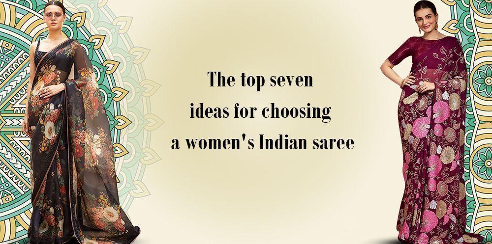 Two women in elegant sarees with floral patterns, guide on choosing women's Indian saree, Ethnic Plus