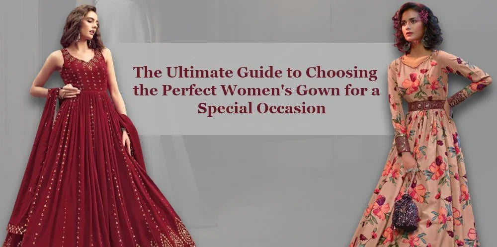 Two women in elegant Indian ethnic gowns, burgundy and floral, with special occasion styling.