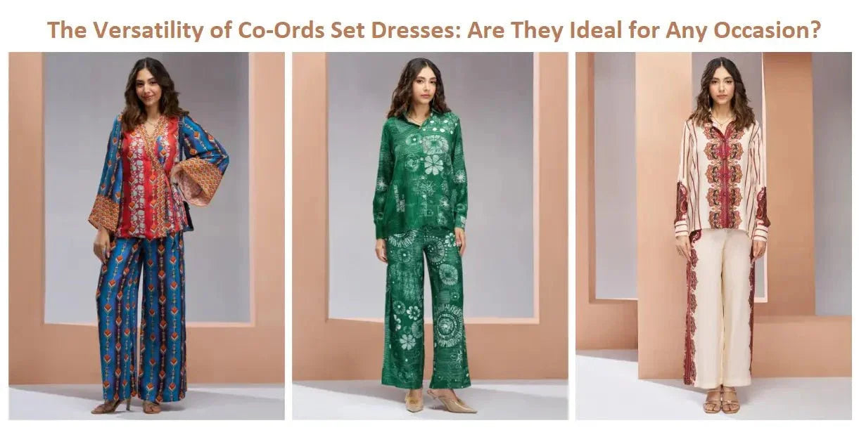 Women modeling colorful Indian ethnic co-ord set dresses from Ethnic Plus collection