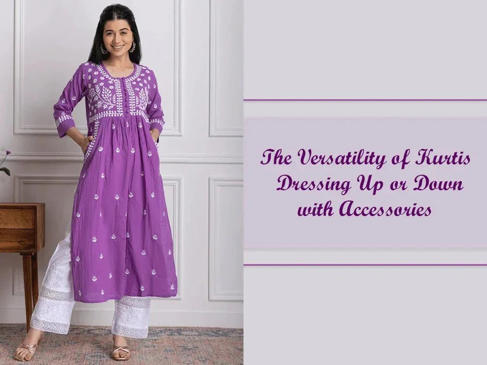 Woman wearing purple embroidered kurti with white pants, showcasing ethnic fashion style.
