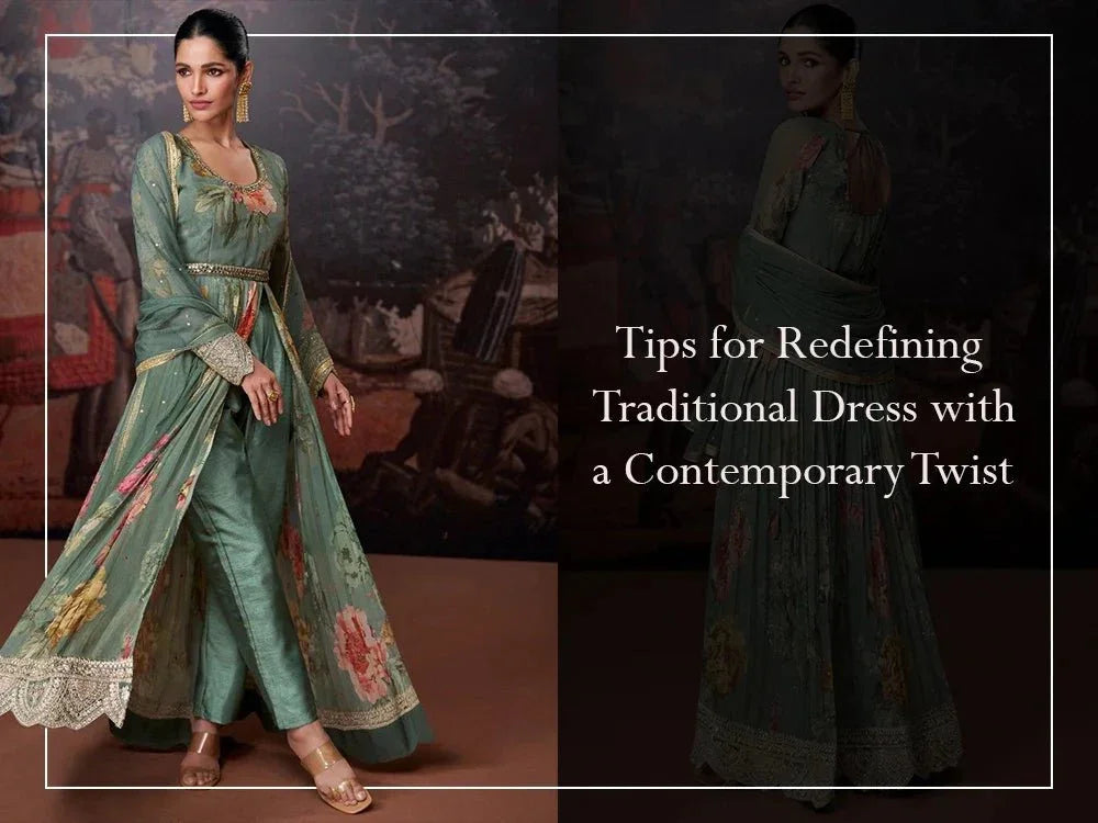 Woman in modern floral embroidered green ethnic suit with dupatta, contemporary Indian look