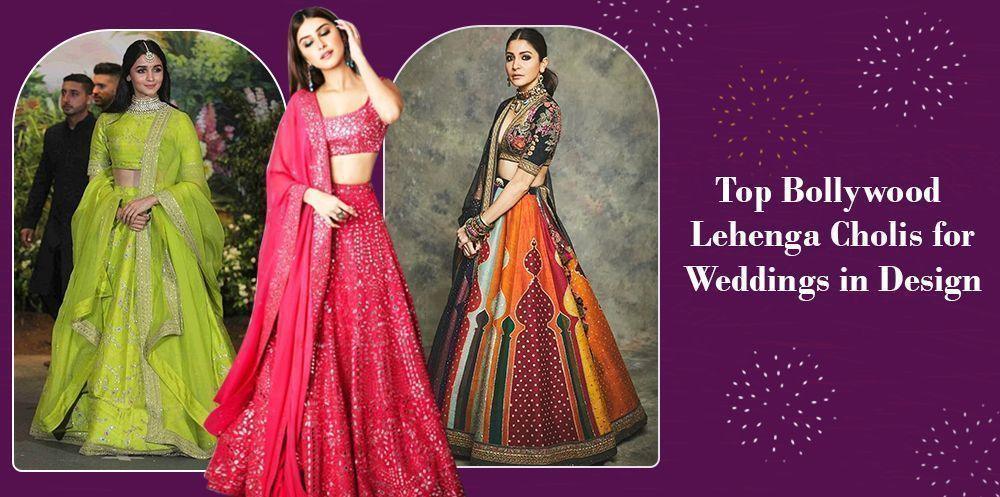 Women wearing vibrant designer Bollywood lehenga cholis for weddings, displayed on purple background.