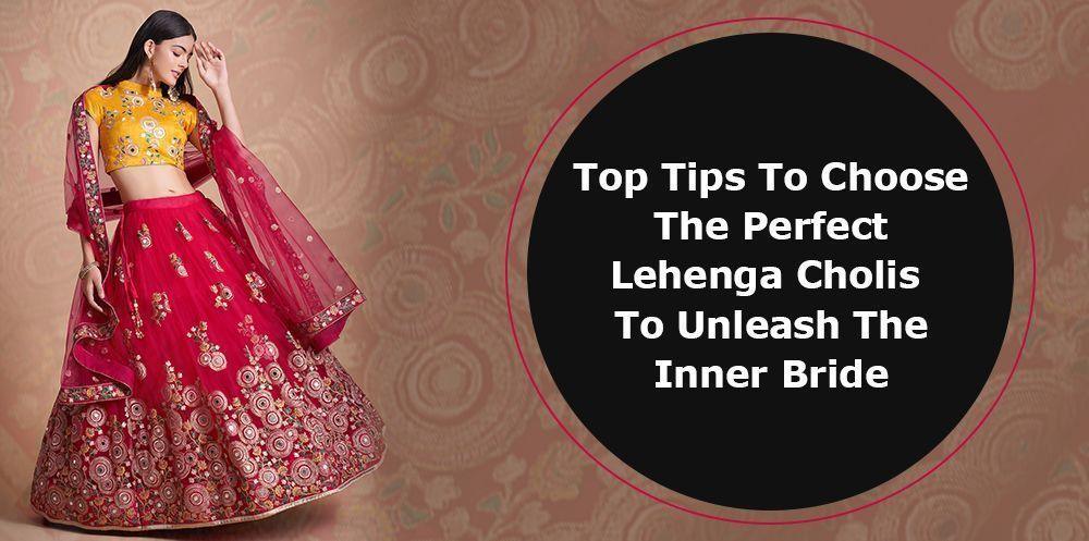 Woman in designer lehenga choli, vibrant red skirt and yellow blouse, Ethnic Plus bridal fashion