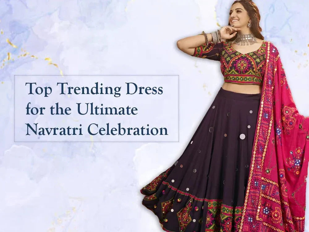Woman wearing colorful embroidered lehenga choli and dupatta for Navratri celebration