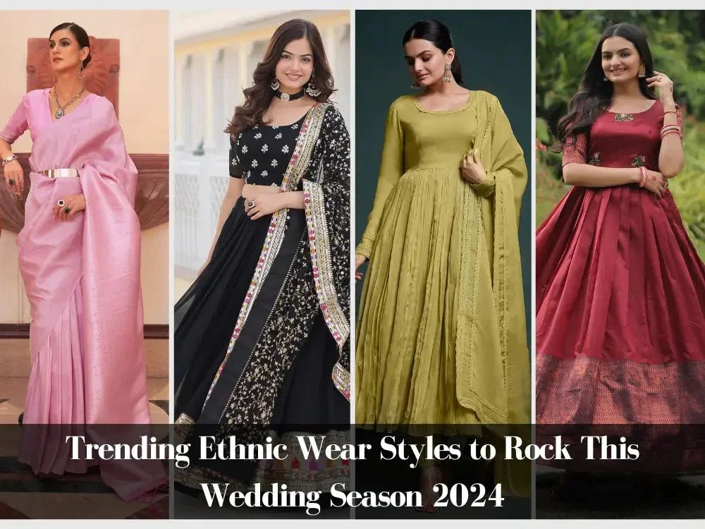 Women modeling trending saree, lehenga choli, ethnic gown, and salwar kameez for weddings